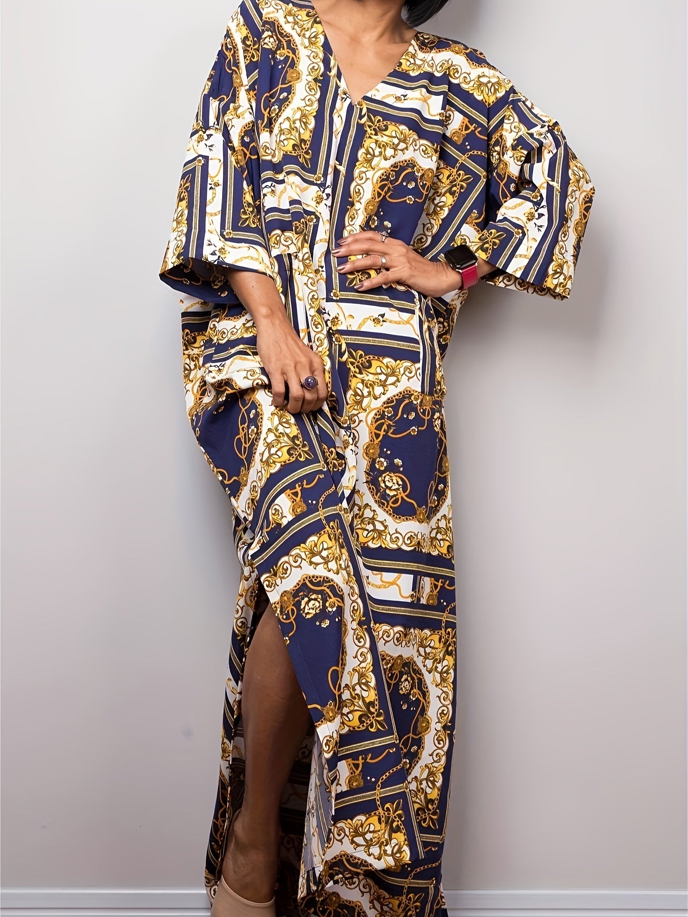  Retro Kaftan Dress Three Quarter Sleeve V Neck Baroque Print