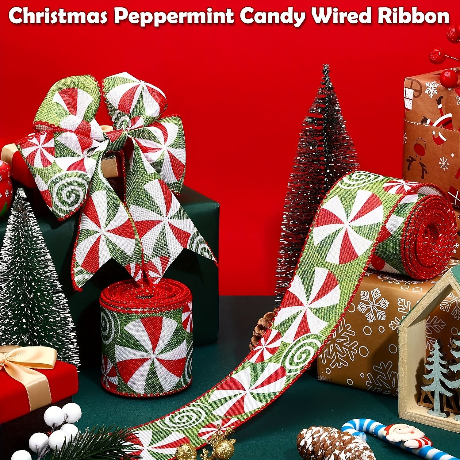 Christmas Candy Peppermint Wired Edge Ribbon 4 57m