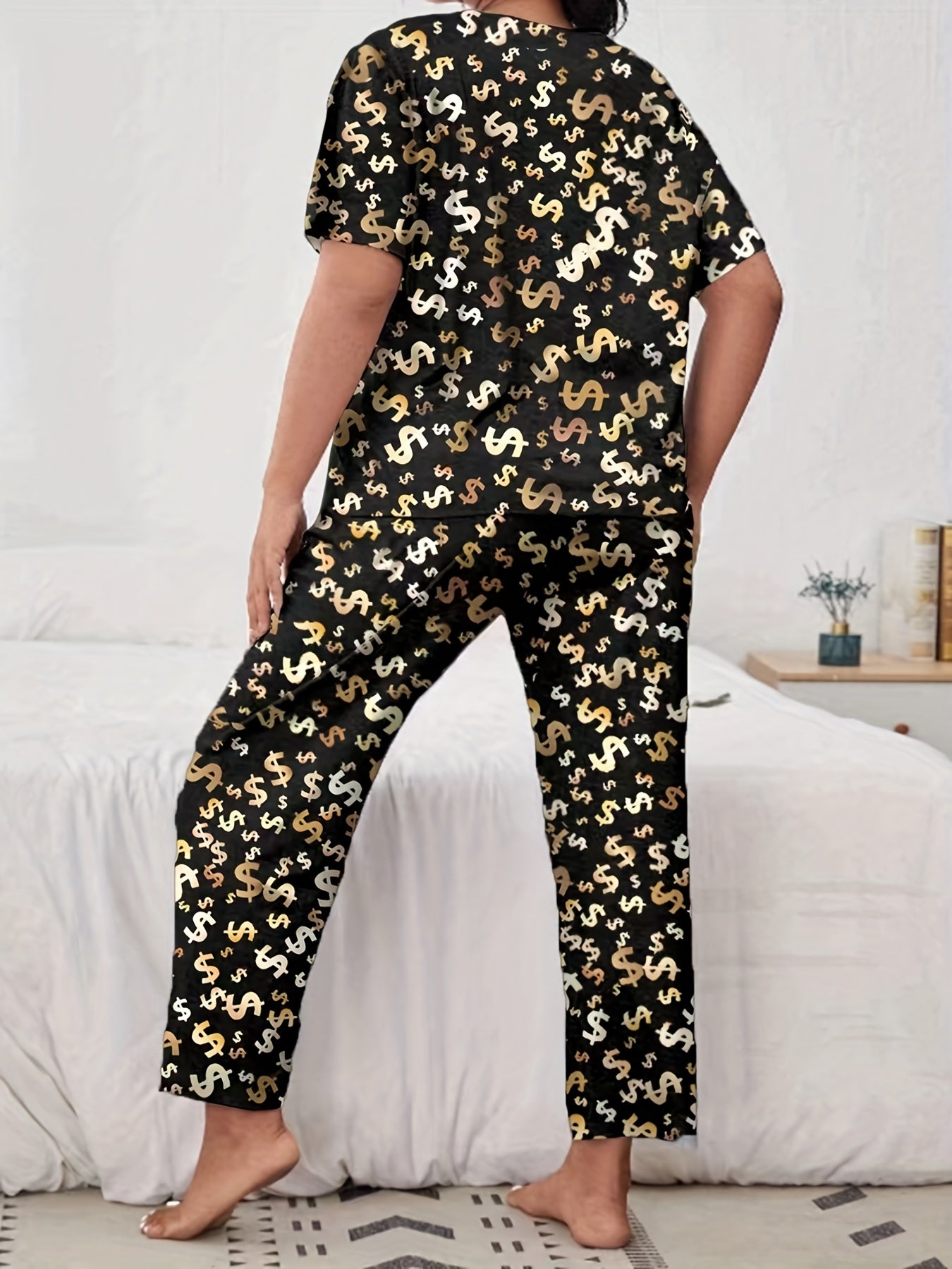  Dollar Print Pajamas Set Short Sleeve Top & Pants Money Graphic