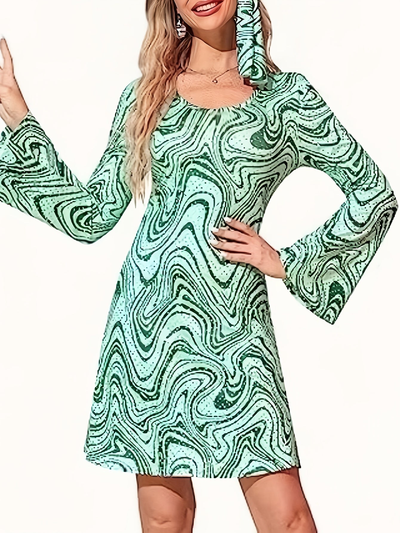  Marble Print Flared Sleeve Round Neck A Line Dress