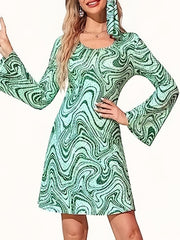  Marble Print Flared Sleeve Round Neck A Line Dress
