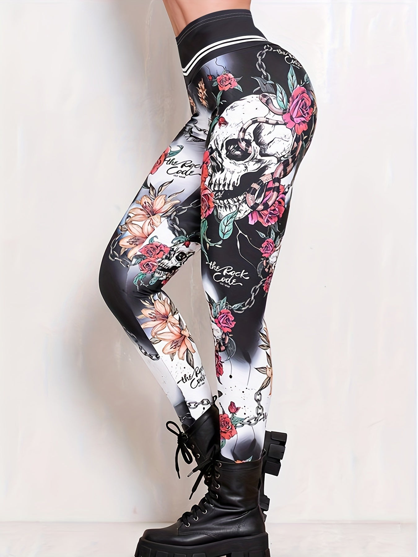  Goth Leggings Floral & Skull Print Tummy Control
