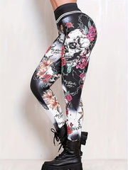  Goth Leggings Floral & Skull Print Tummy Control