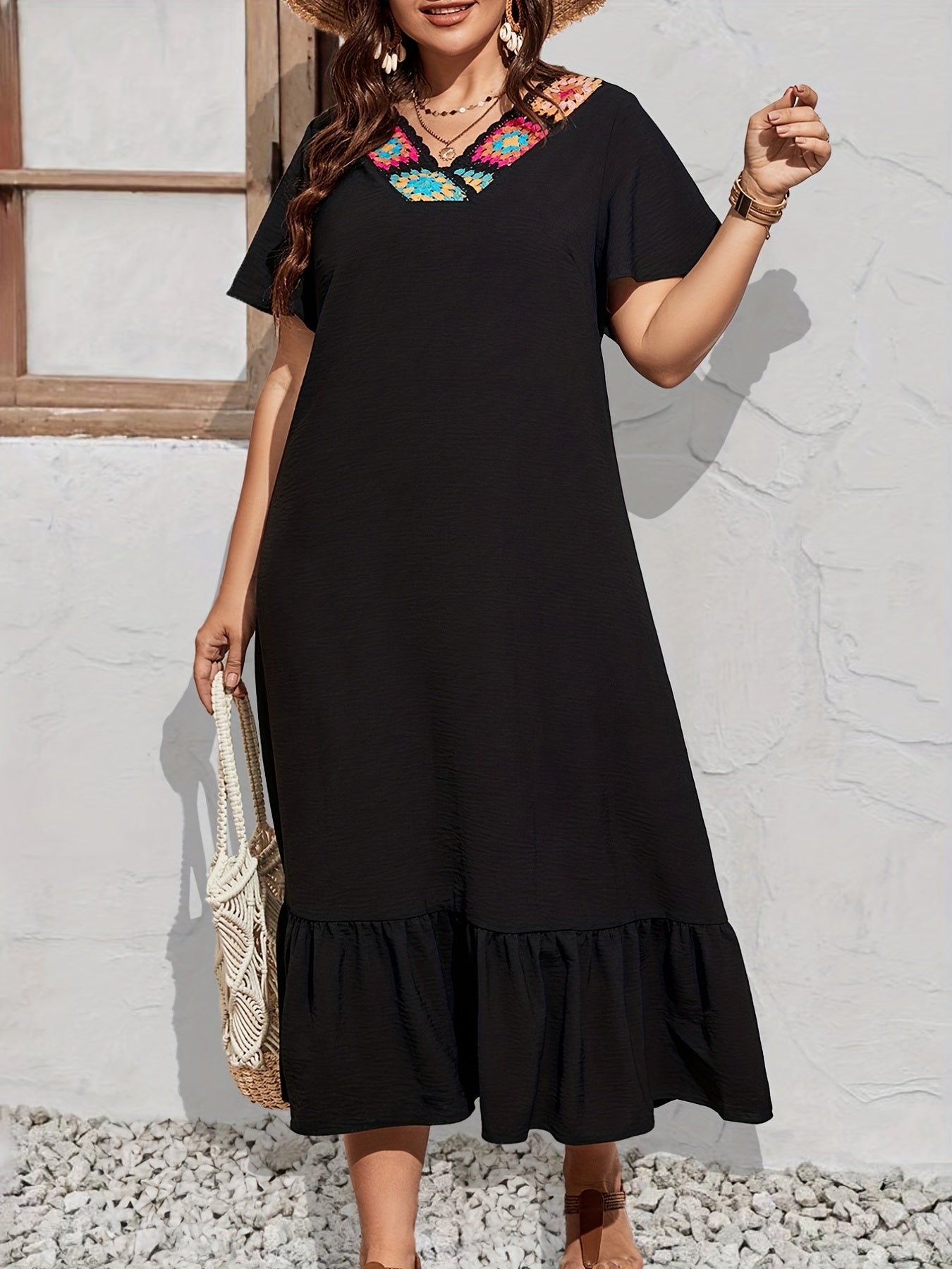  Colorblock Crochet V-Neck Ruffle Dress