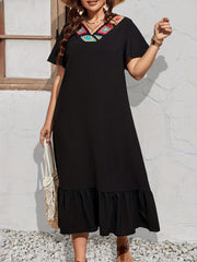  Colorblock Crochet V-Neck Ruffle Dress