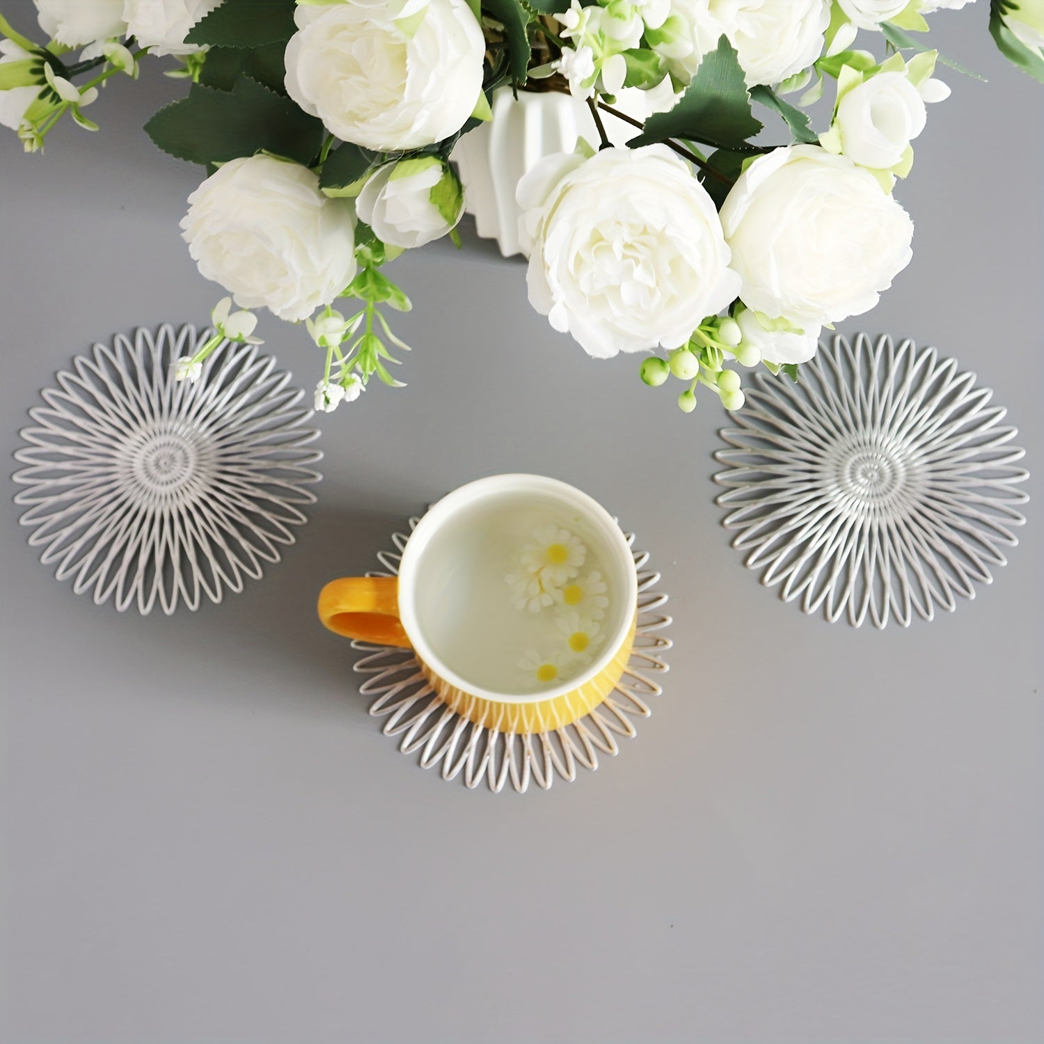 6pcs Round PVC Coasters Floral Pattern Solid Coasters Washable Placemat