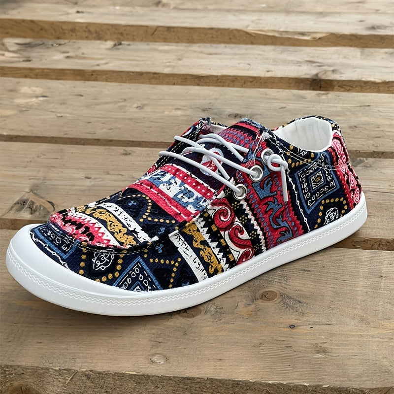 Women's Tribal Print Canvas Shoes Low Top Lace Up Round Toe Casual Shoes