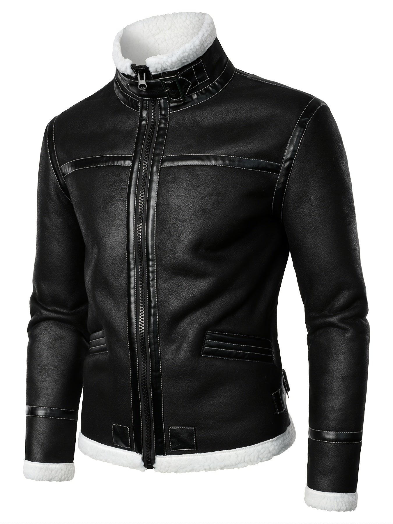 Men's Warm Fleece PU Jacket with Stand Collar for Fall Winter