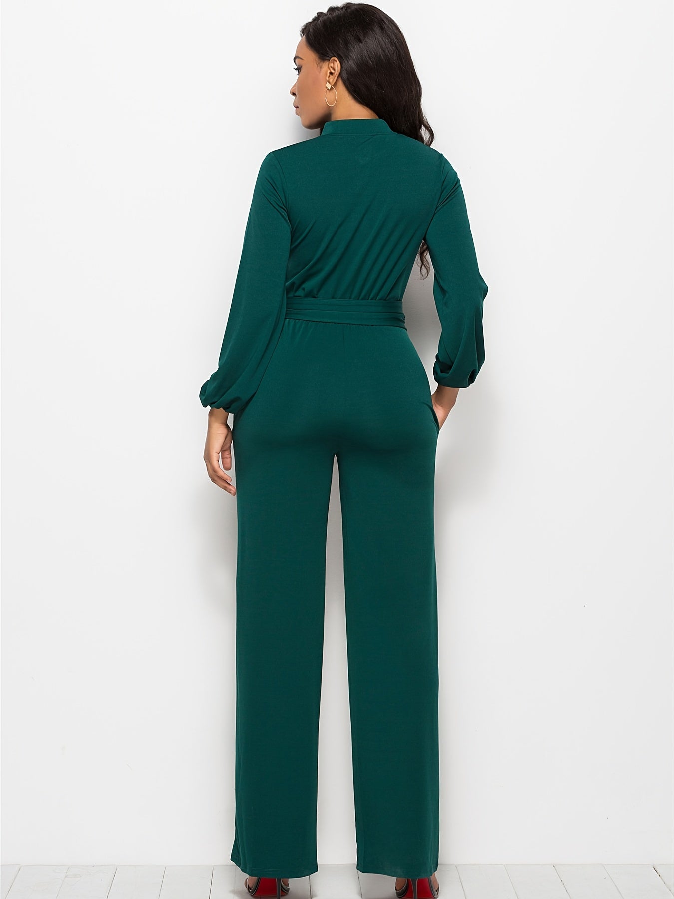 Button Up High Neck Long Sleeve Jumpsuit for Women