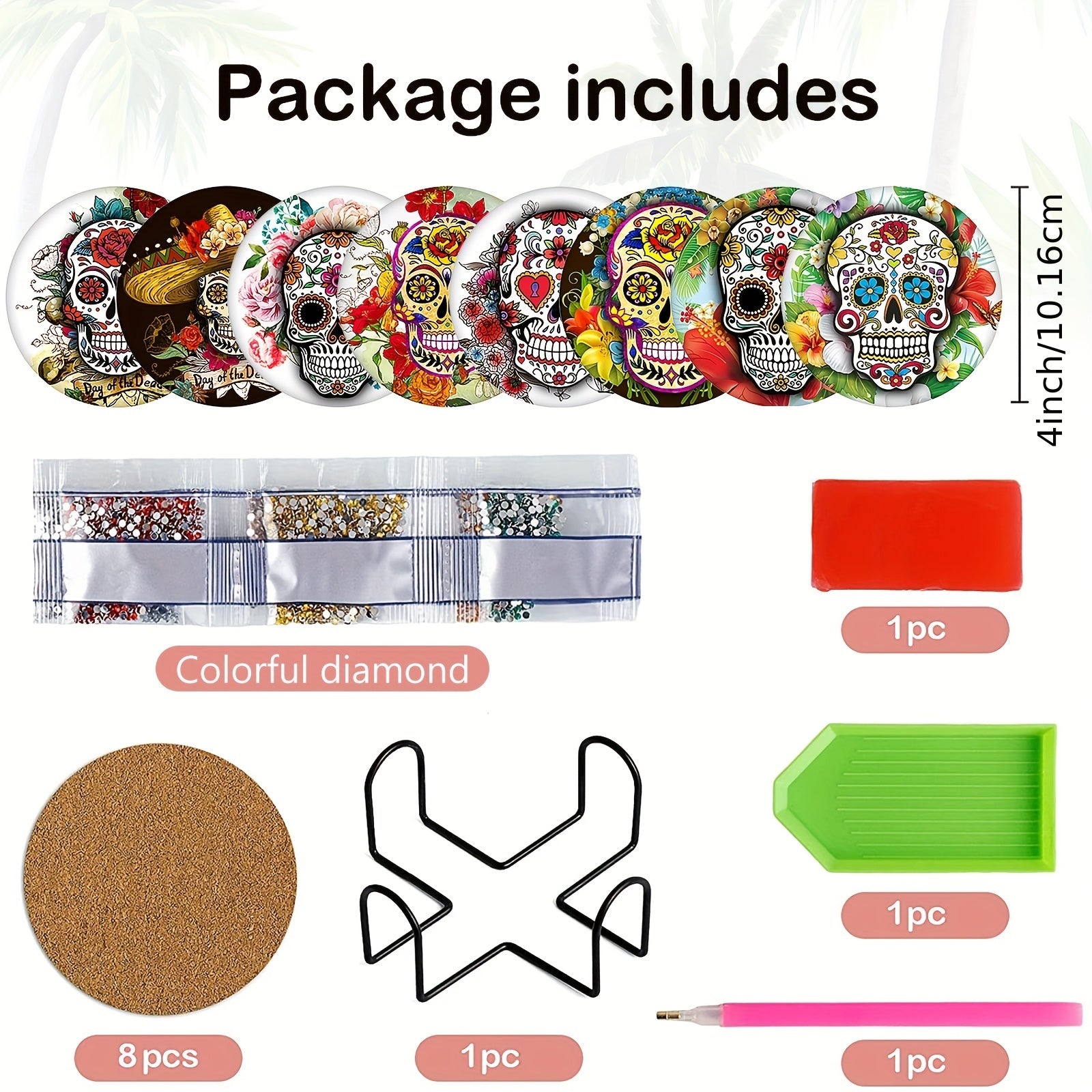 8pcs Mexican Skull Diamond Painting Holder DIY Halloween Skeleton Coaster