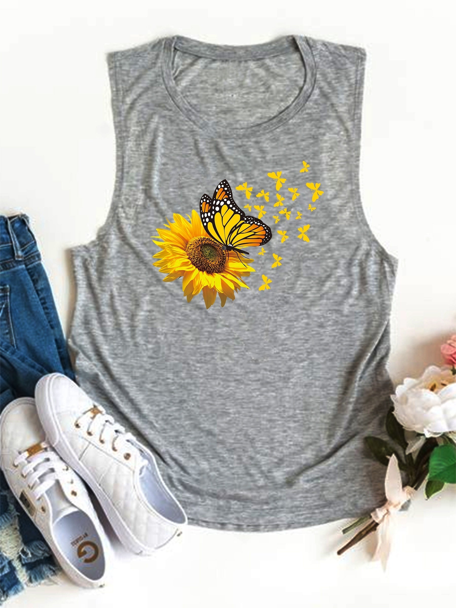 Sunflower & Butterfly Tank Top Sleeveless Crew Neck Casual Top