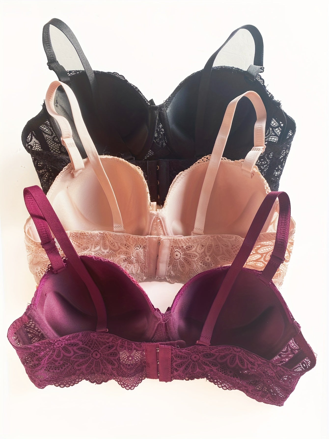 3pcs Lace Push Up Bras Comfy & Breathable Bow Tie