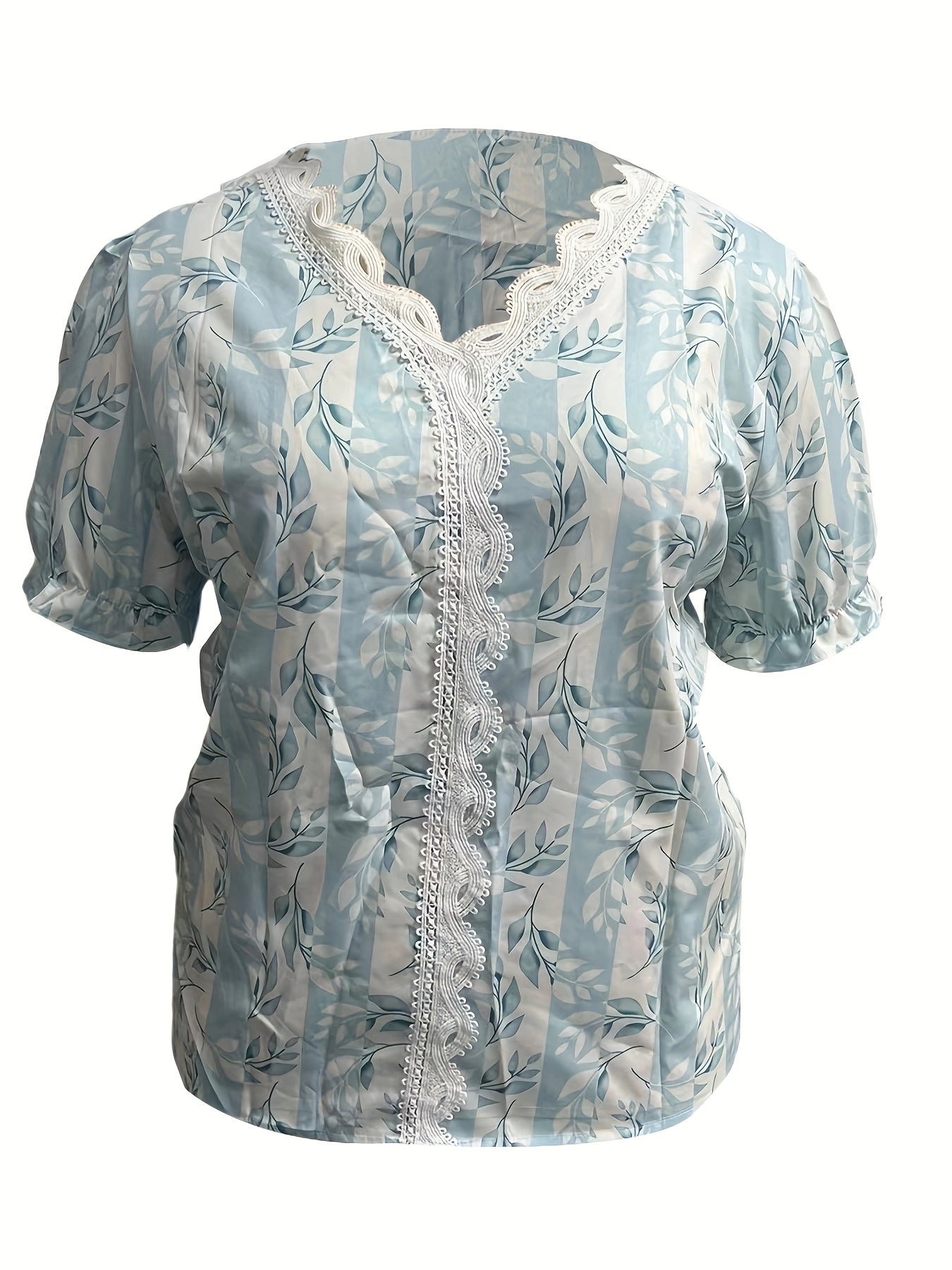  Floral Print Lace Panel Puff Sleeve V Neck Top