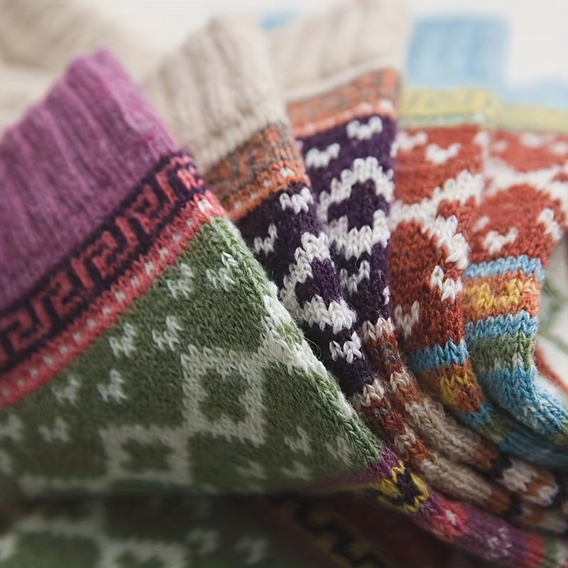 5 Pairs Geometric Print Colorblock Crew Socks