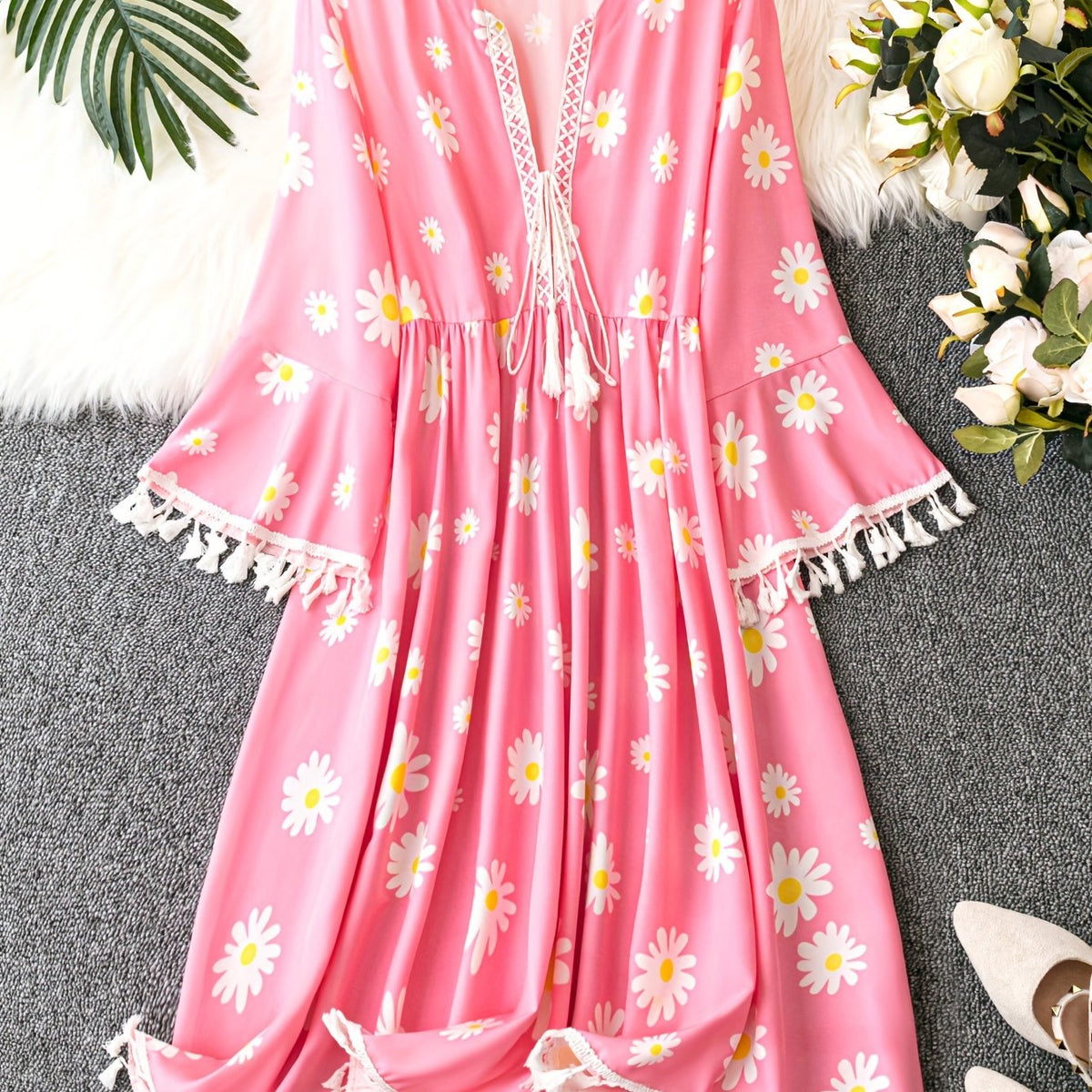  Casual Dress Women's Plus Floral Print Tassel Decor Dress