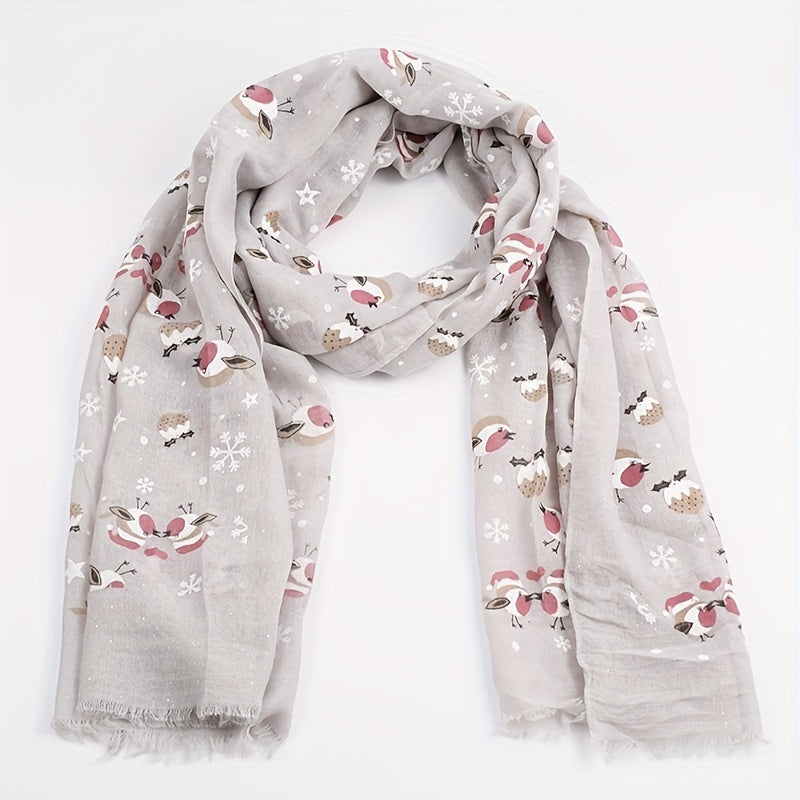 Bird Snowflake Print Scarf Warm Long Shawl for Women