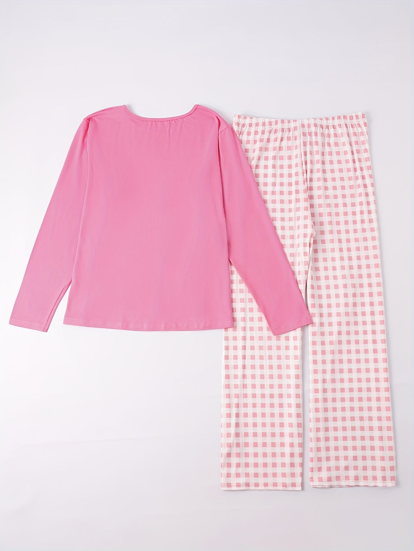  Pajama Set Soft Tee & Gingham Print Pants Two Piece Set
