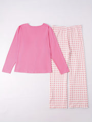  Pajama Set Soft Tee & Gingham Print Pants Two Piece Set
