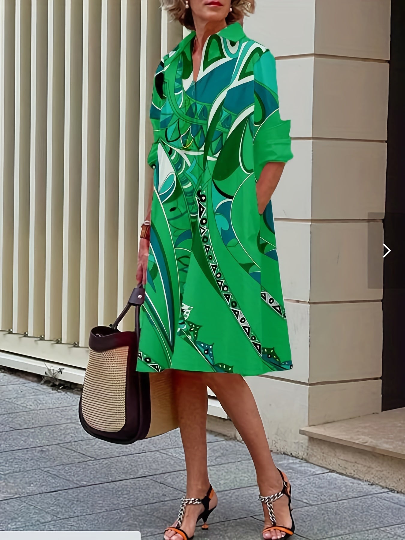  Casual Geo Print Button Up Shirt Dress
