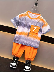 2pcs Boys Block Short Sleeve T shirt&Solid Long Pants Set for Spring Summer