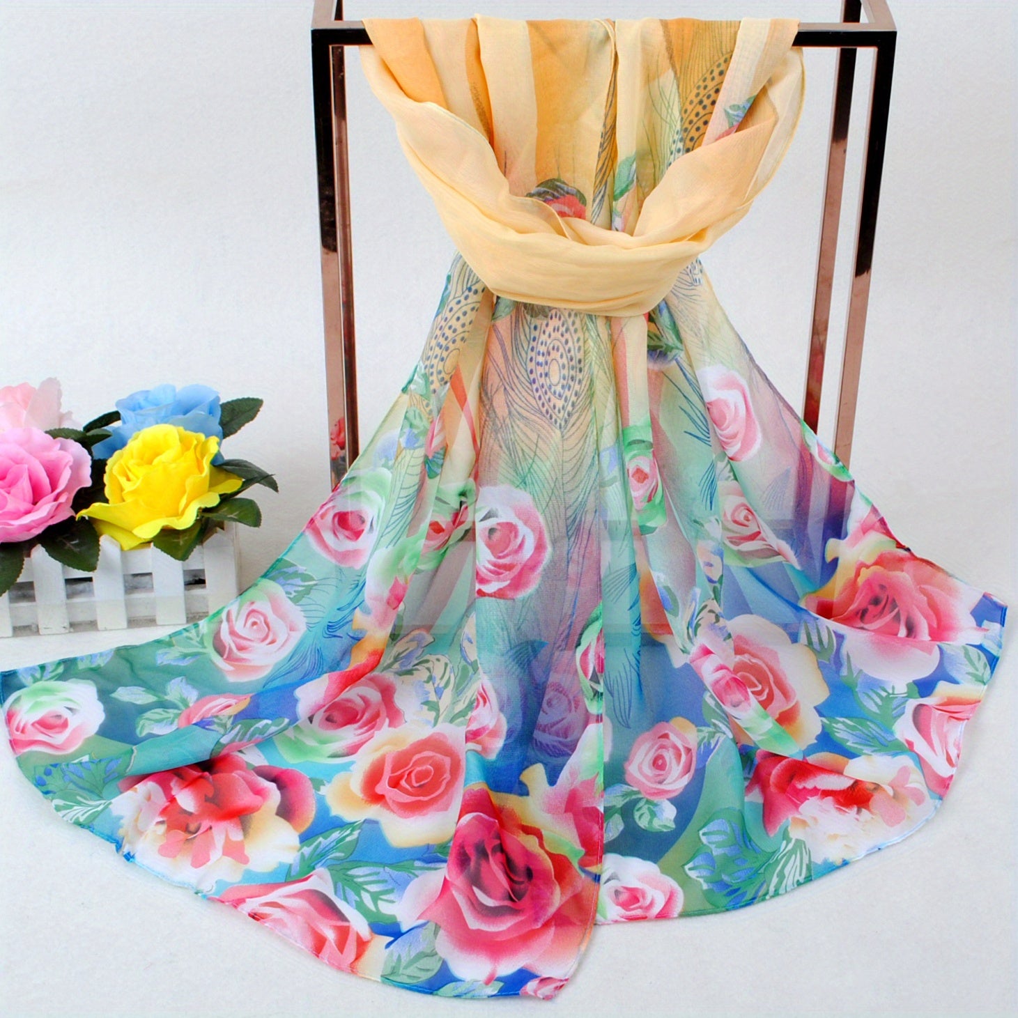 Peacock Feather Rose Print Chiffon Hijab Scarf