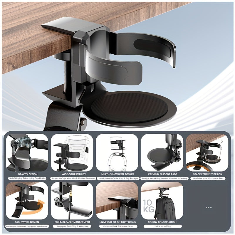 360 Rotation Under Desk Cup & Headphone Holder Telescoping Aluminum Stand Hook