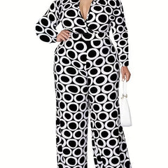  Geo Print Long Sleeve Wide Leg Jumpsuit