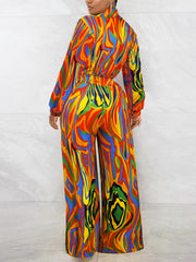  Sexy Jumpsuit Women's Plus Print Long Sleeve Turn Down Collar Jumpsuit