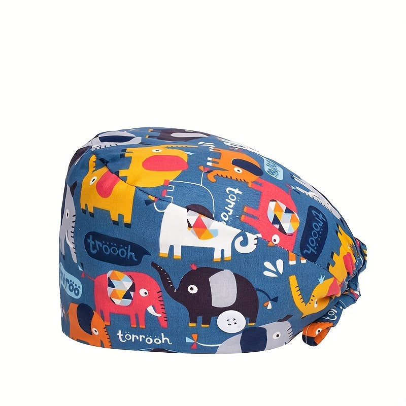 Cartoon Animals Print Nurse Hat Multicolor Scrub Cap