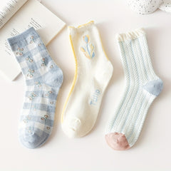 3 Pairs Floral Print Ruffle Socks Mid Tube Women's Stockings