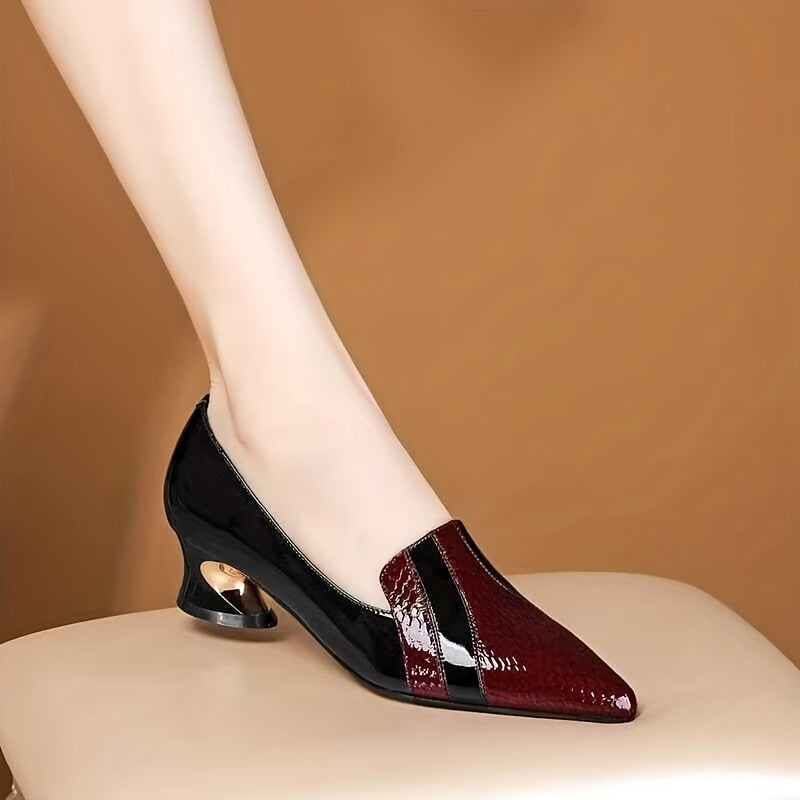 Women's Pointed Toe Slip On Heels Patent Leather Mid Heels