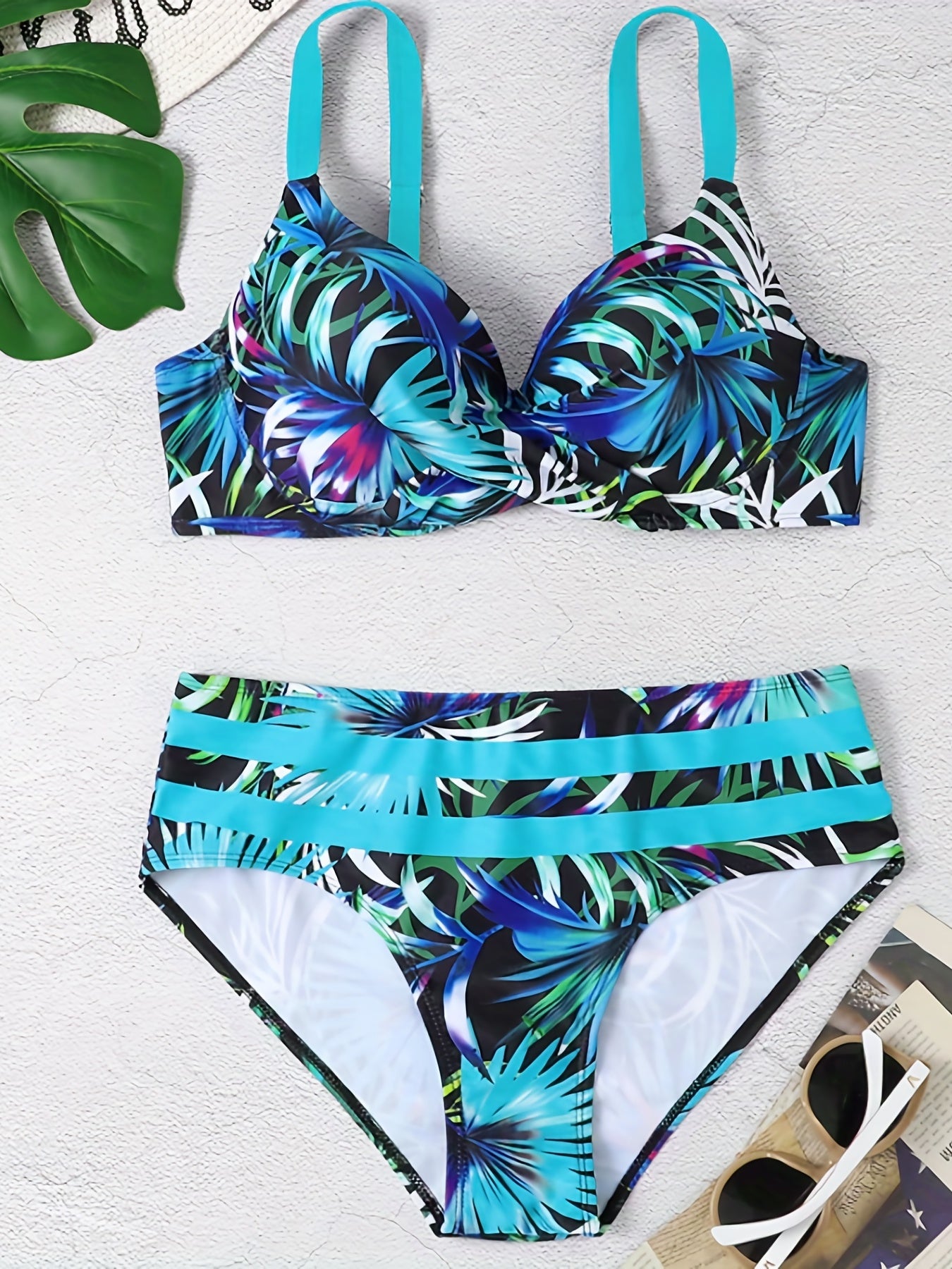 Leaf Print V Neck 2 Piece Bikini Swimsuit Push Up High Waist