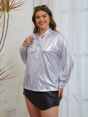  Casual Blouse Women's Plus Solid Shinny Long Sleeve Knot Slight Stretc