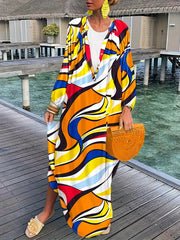  Colorblock Stripe Long Sleeve Maxi Dress