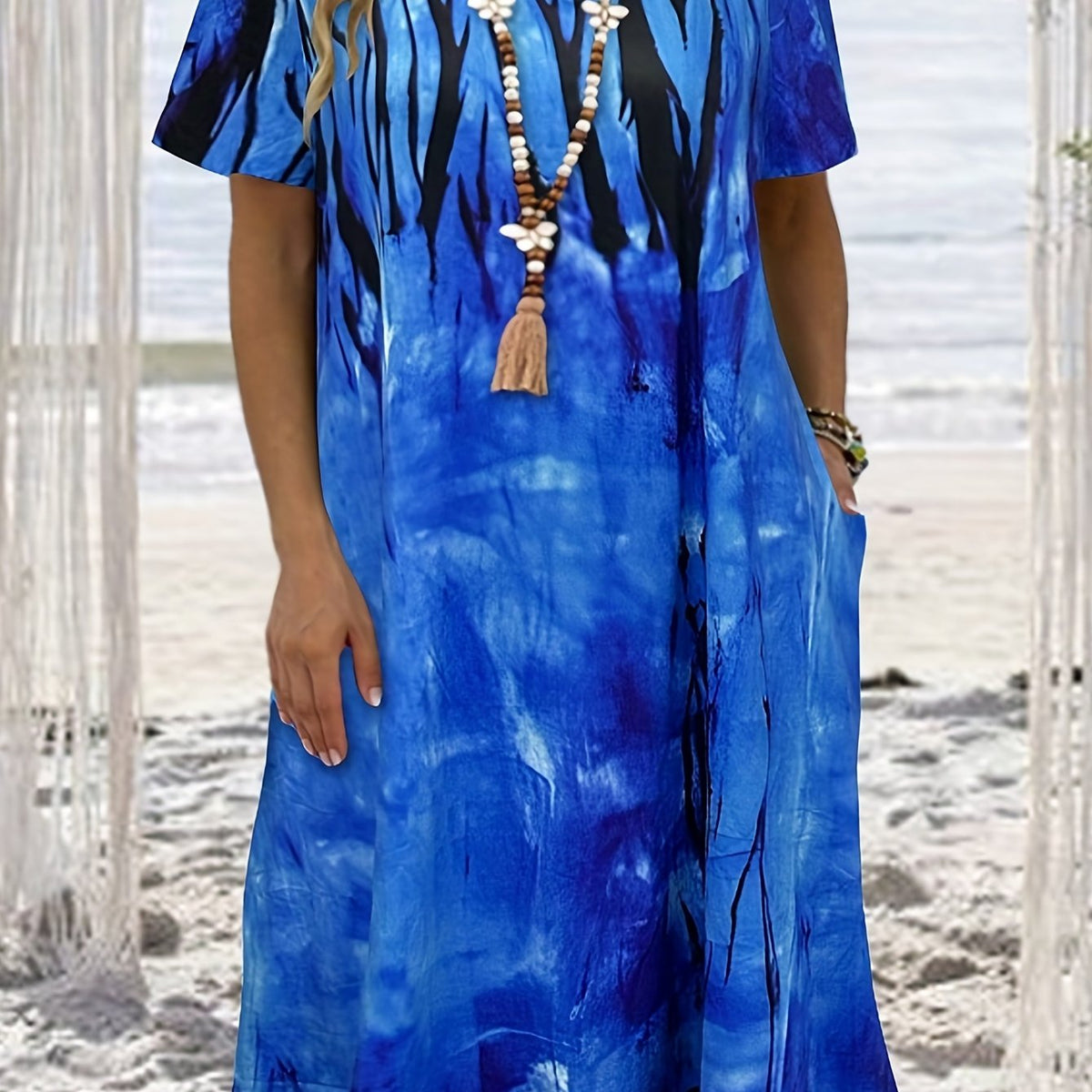  Painting Print Round Neck Dress With Pockets