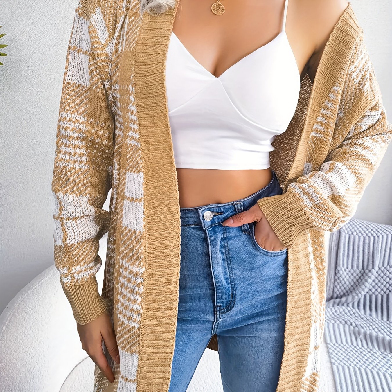  Plaid Print Long Sleeve Open Front Belted Cardigan