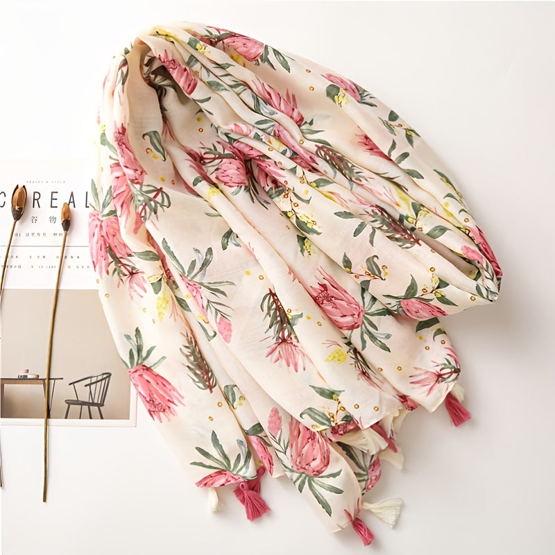 Vintage Pink Flower Print Scarf Cotton Beach Sunscreen Travel Shawl Tassel