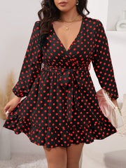  Polka Dot Lantern Sleeve Dress Ruffle Trim