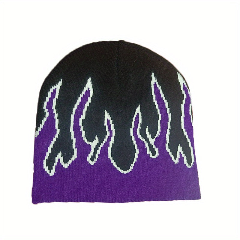 Flame Jacquard Hip Hop Beanie Cap Unisex Block Knit Hat Skull Cap Y2K