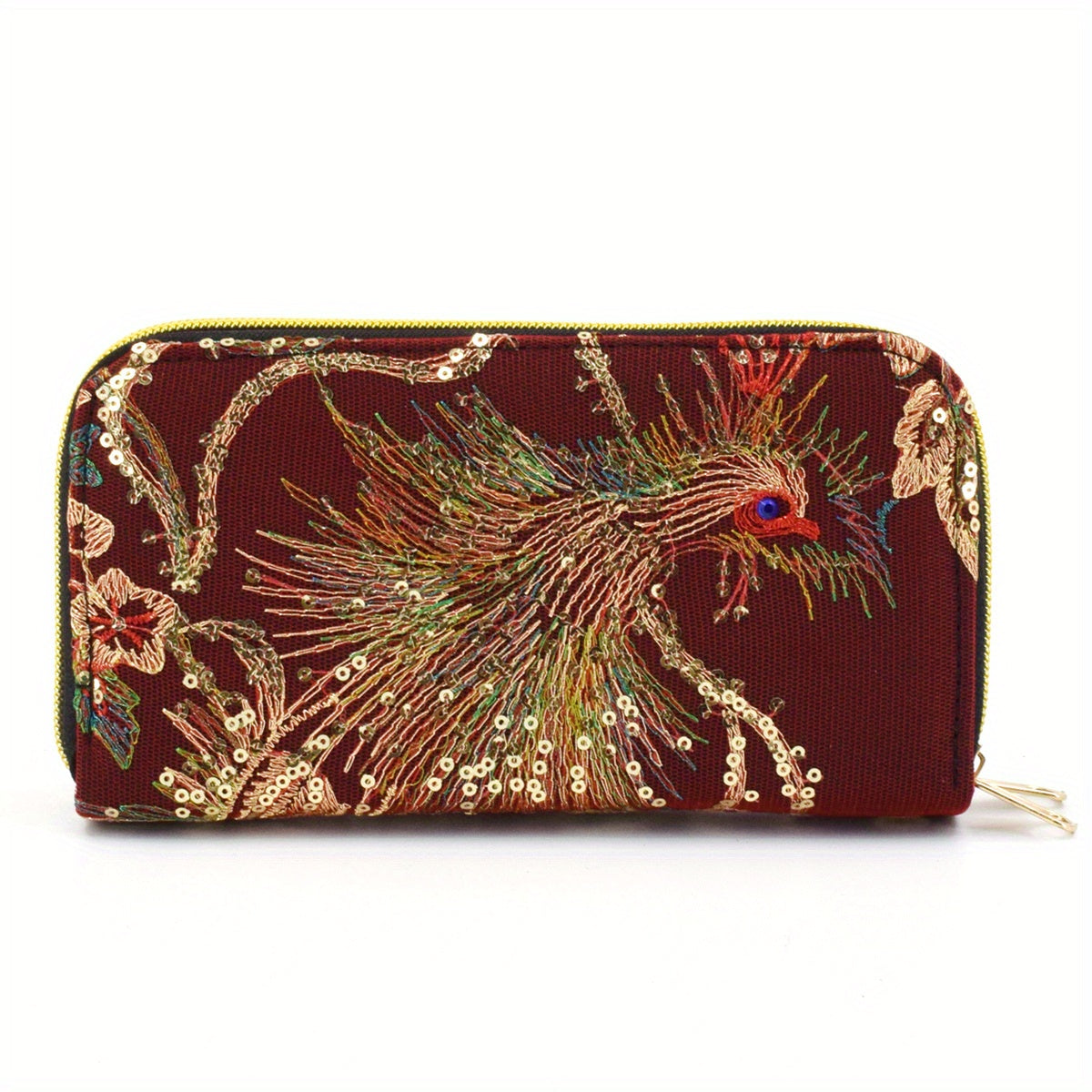 Women's Embroidery Wallet Peacock Print Clutch Layered Phone Bag