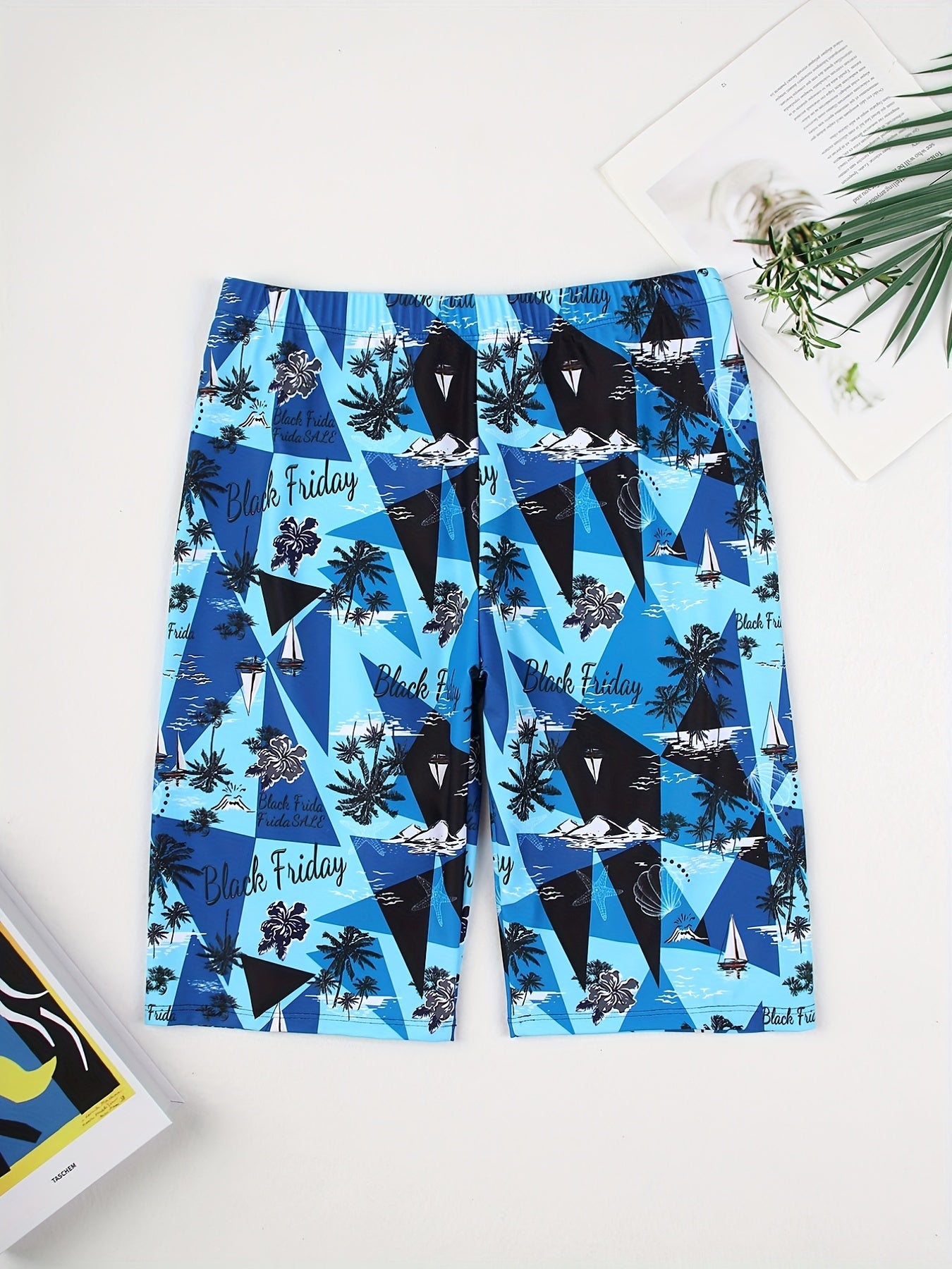 Sketch Style Boat Palm Tree Flower Swim Trunk Men s Pants Swimwear