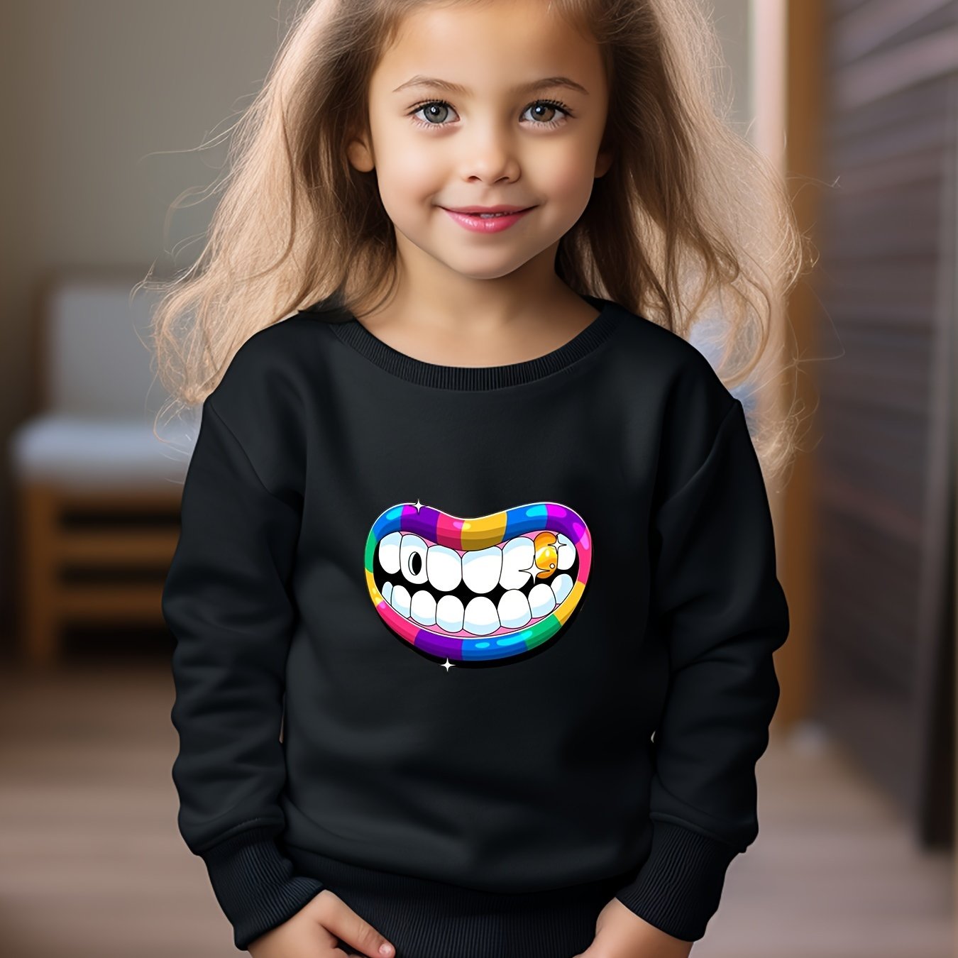 Girls Mouth Pattern Crew Neck Sweatshirt Spring Fall Christmas Gift