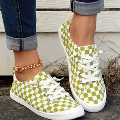 Green Checkerboard Walking Shoes Lace Up Casual Flat Sneakers