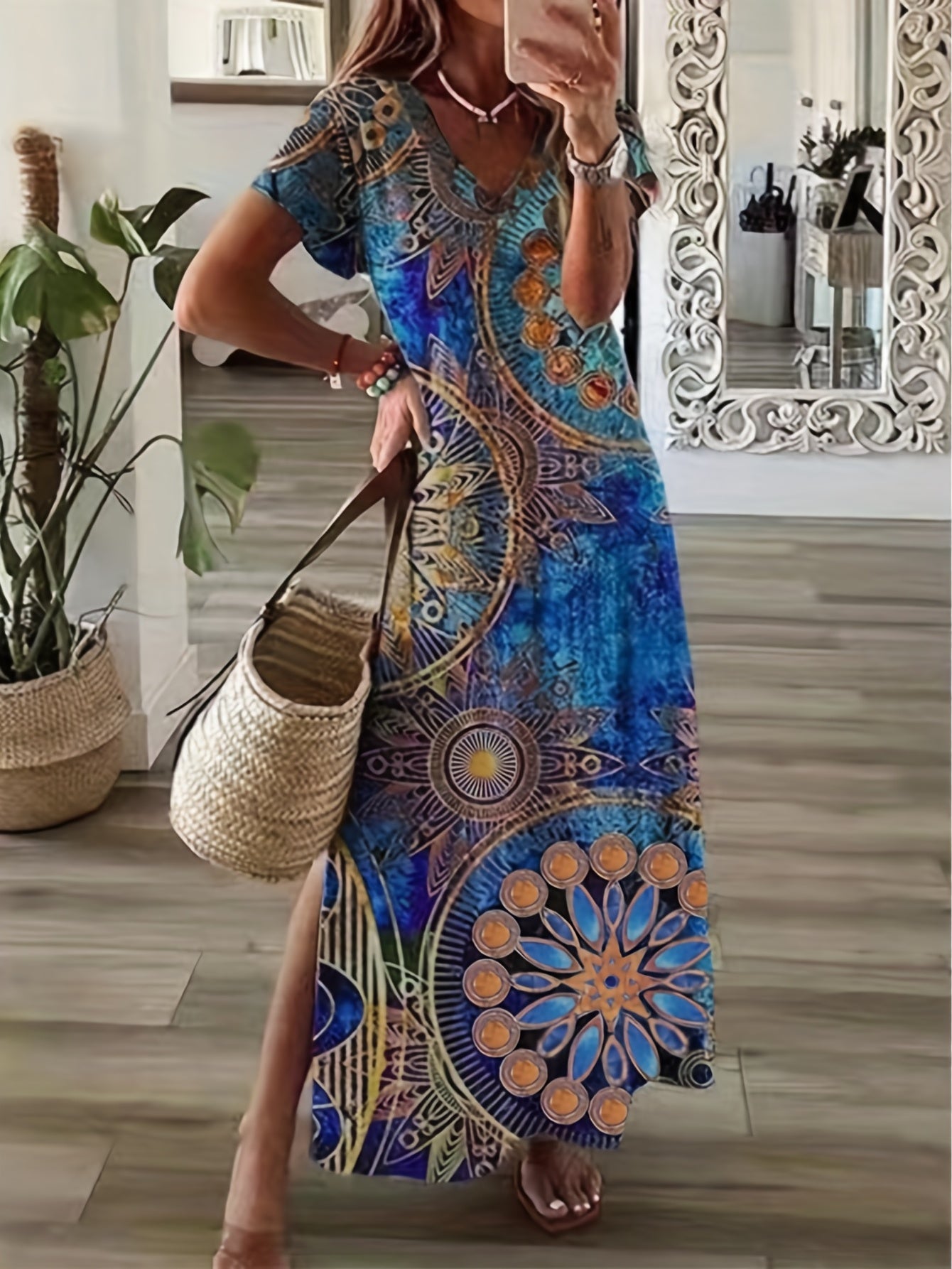  Boho Graphic Print Maxi Dress