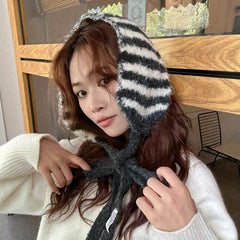 Women's Lace-Up Bag Head Earmuffs Scarf Striped Small Scarf