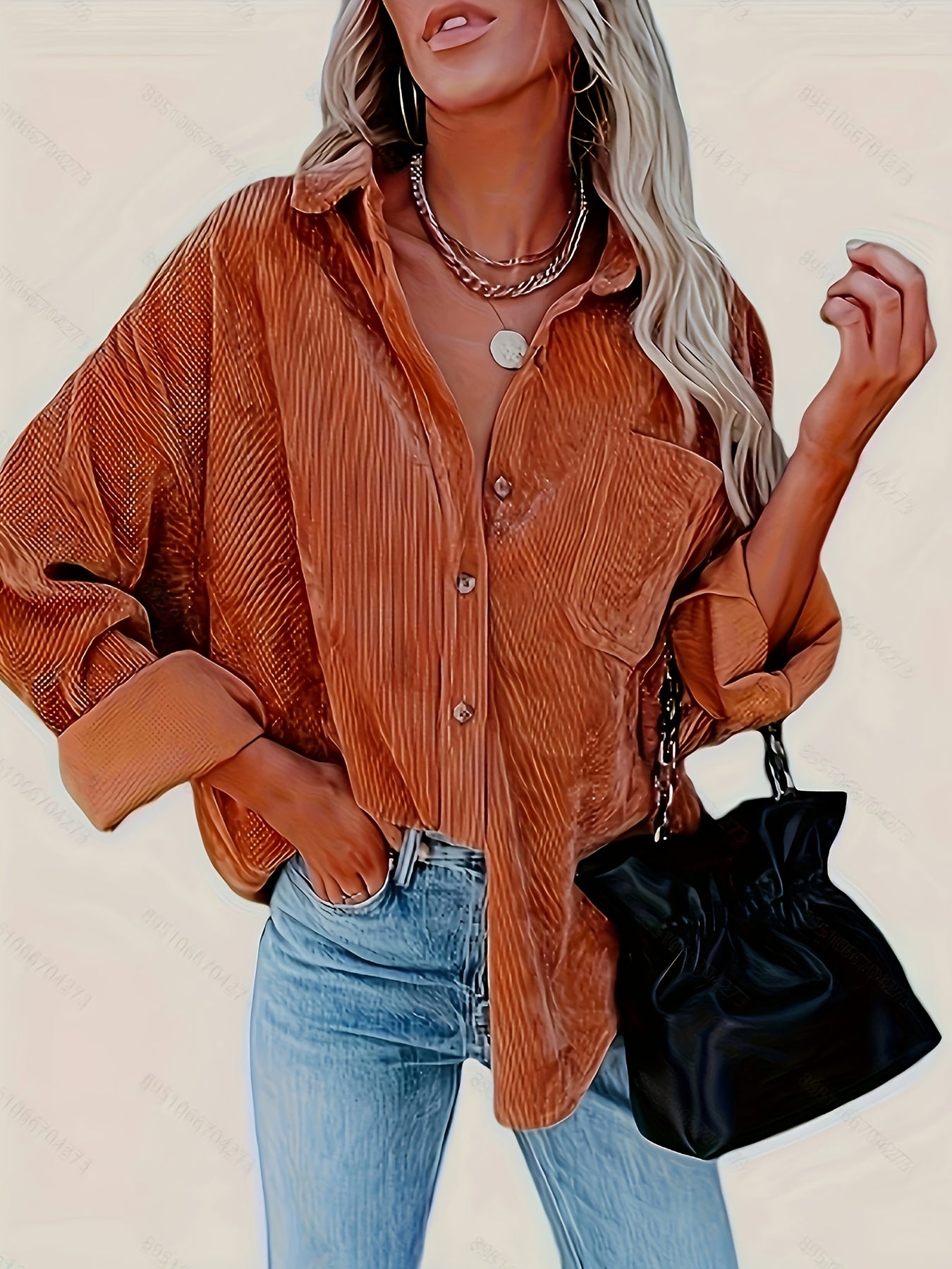  Solid Corduroy Long Sleeve Button Up Lapel Collar Shirt Top