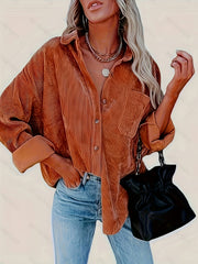  Solid Corduroy Long Sleeve Button Up Lapel Collar Shirt Top