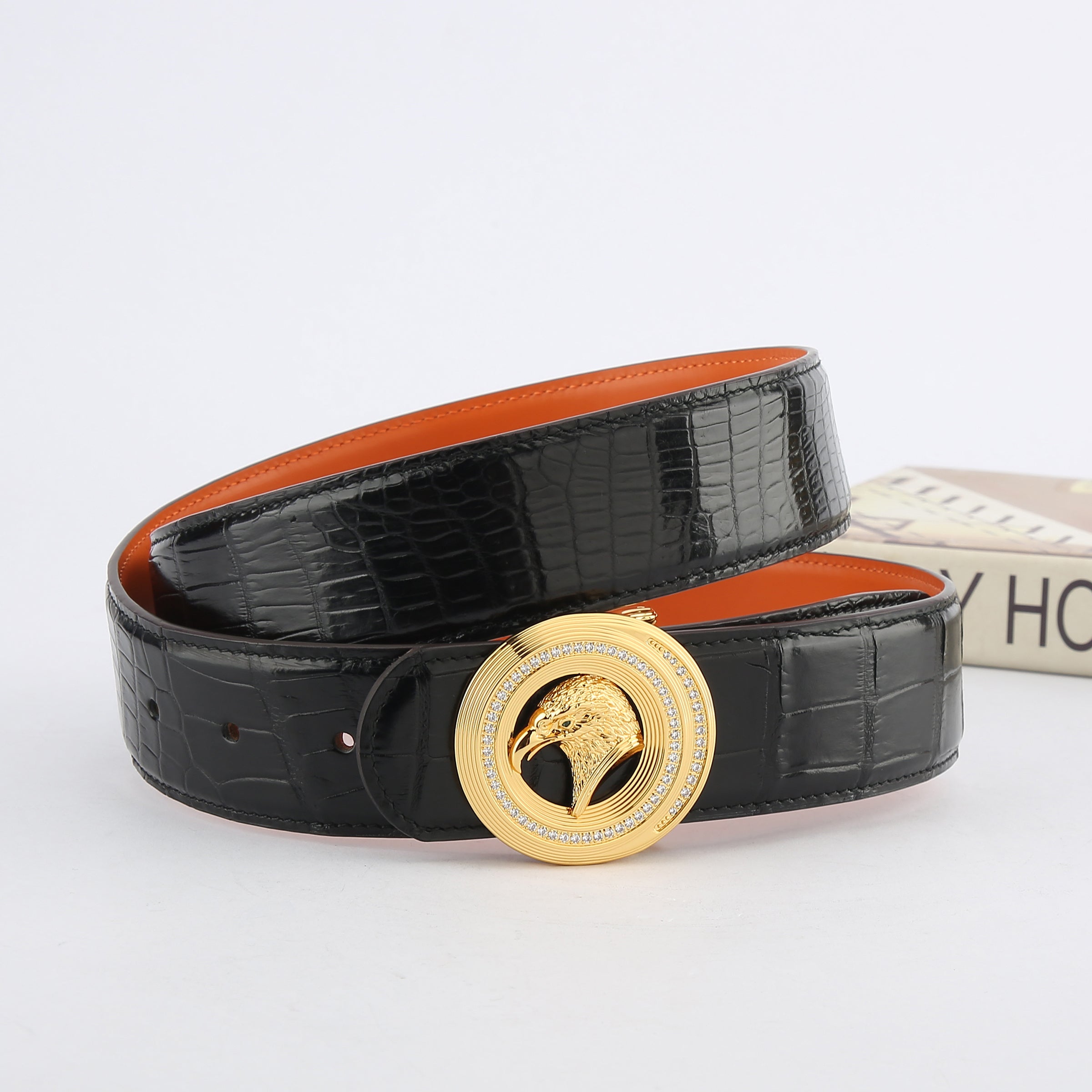 Men's Leather Belt Eagle Head Buckle Crocodile Pattern Cowhide High Business