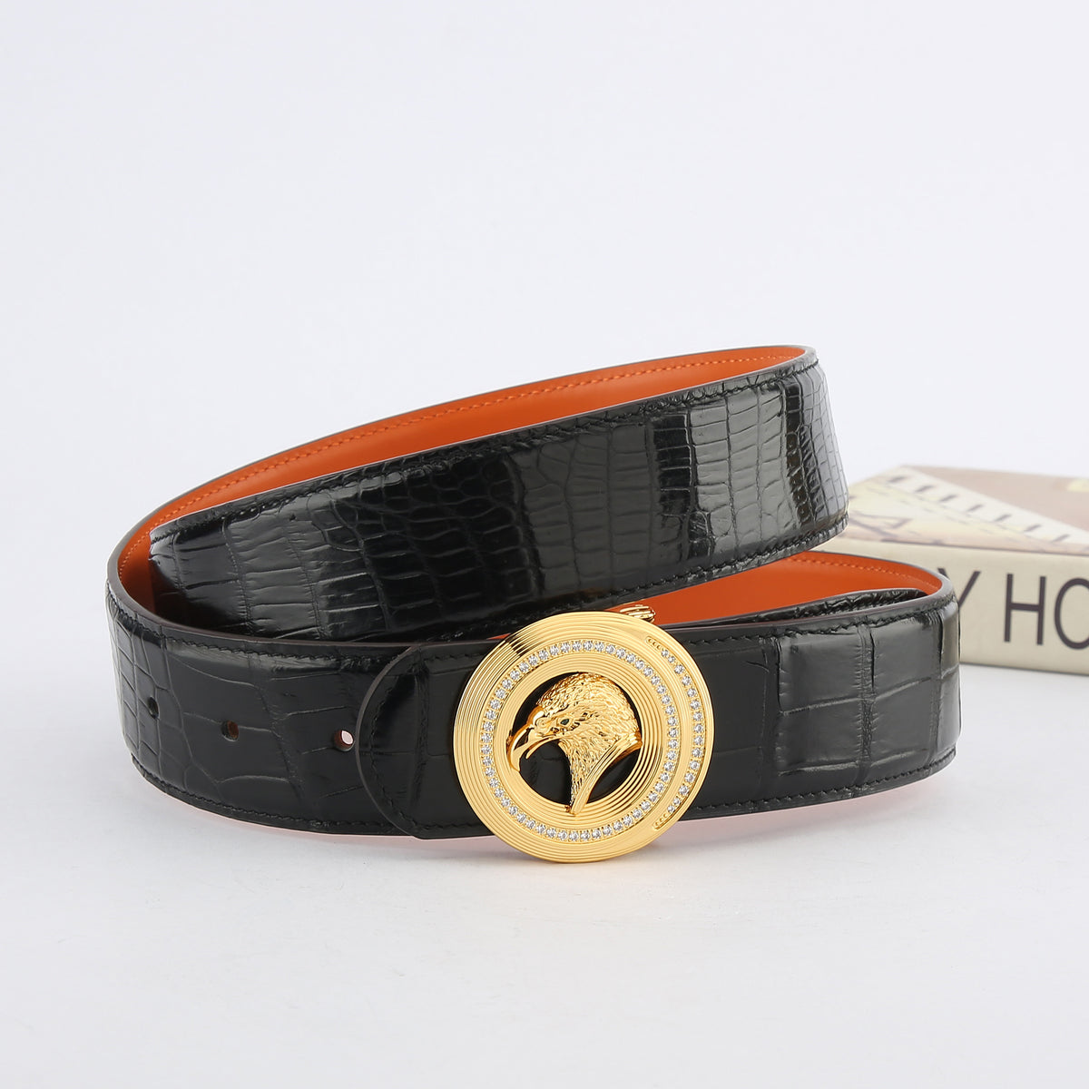 Men's Leather Belt Eagle Head Buckle Crocodile Pattern Cowhide High Business