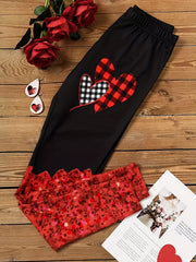  Colorblock Plaid Heart Print Leggings Medium Stretch Slim Fit
